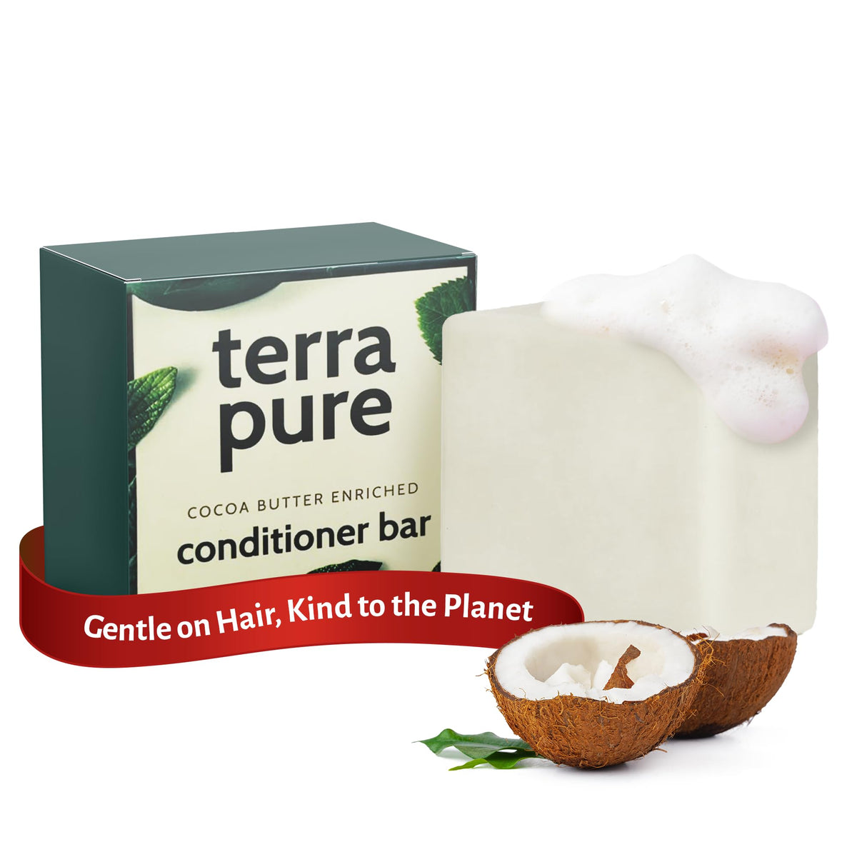 Terra Pure conditioner bar front packaging showcasing eco-friendly design and benefit