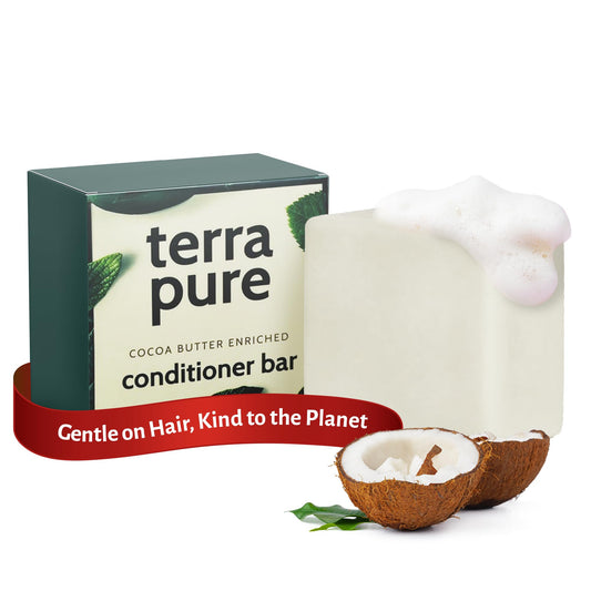 Terra Pure conditioner bar front packaging showcasing eco-friendly design and benefit