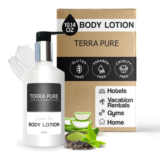Terra Pure front bottle view showing elegant pump and clean green tea packaging for upscale presentation