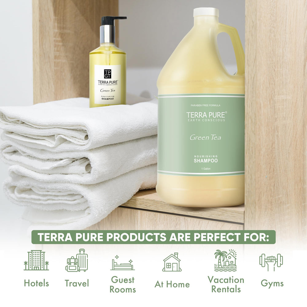 Terra Pure shampoo being dispensed into wall dispenser for fast restocking