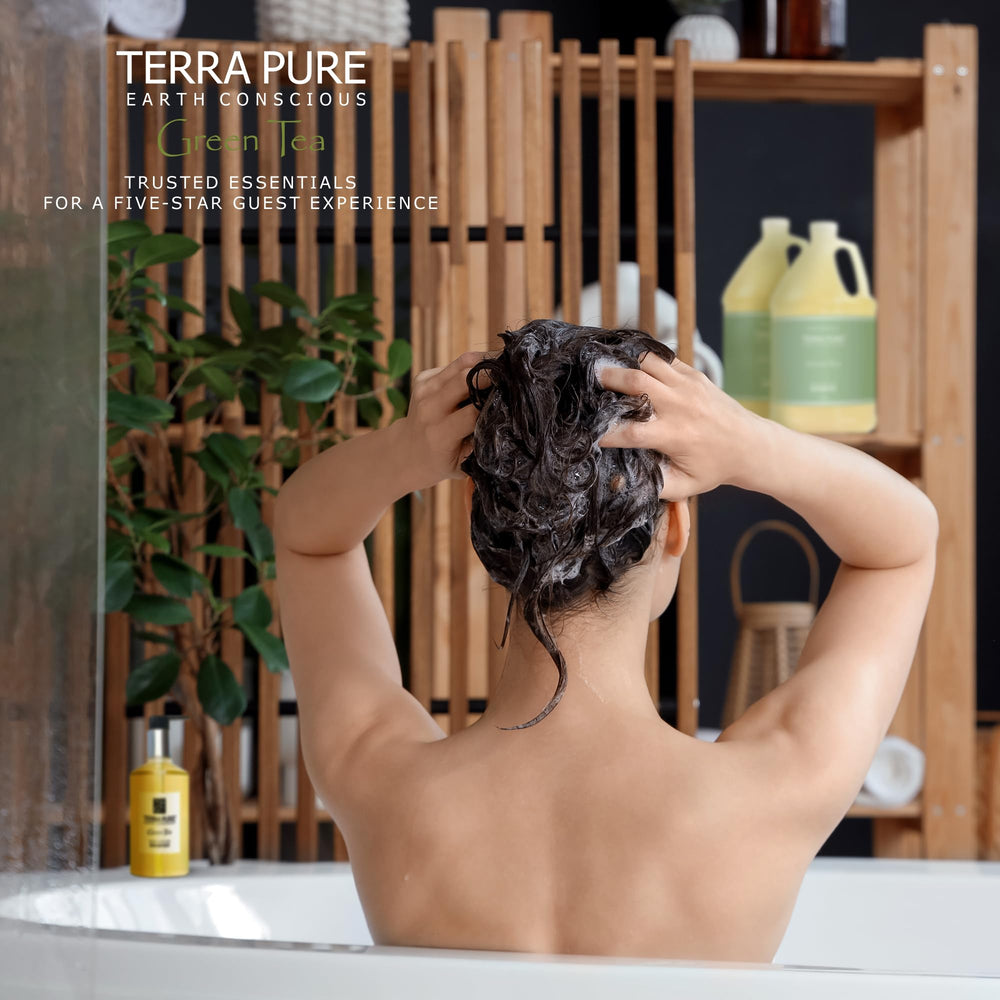 Terra Pure shampoo placed in a hotel bathroom for consistent guest amenities