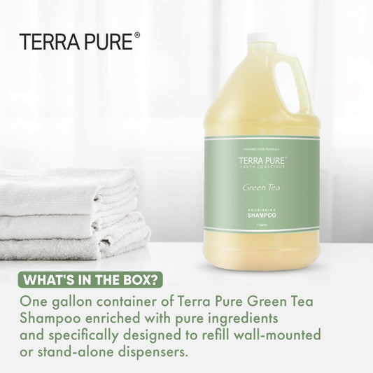 Terra Pure shampoo being poured from gallon showing easy refill benefit