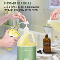 Terra Pure gallon beside a travel bottle displaying bulk economy benefit
