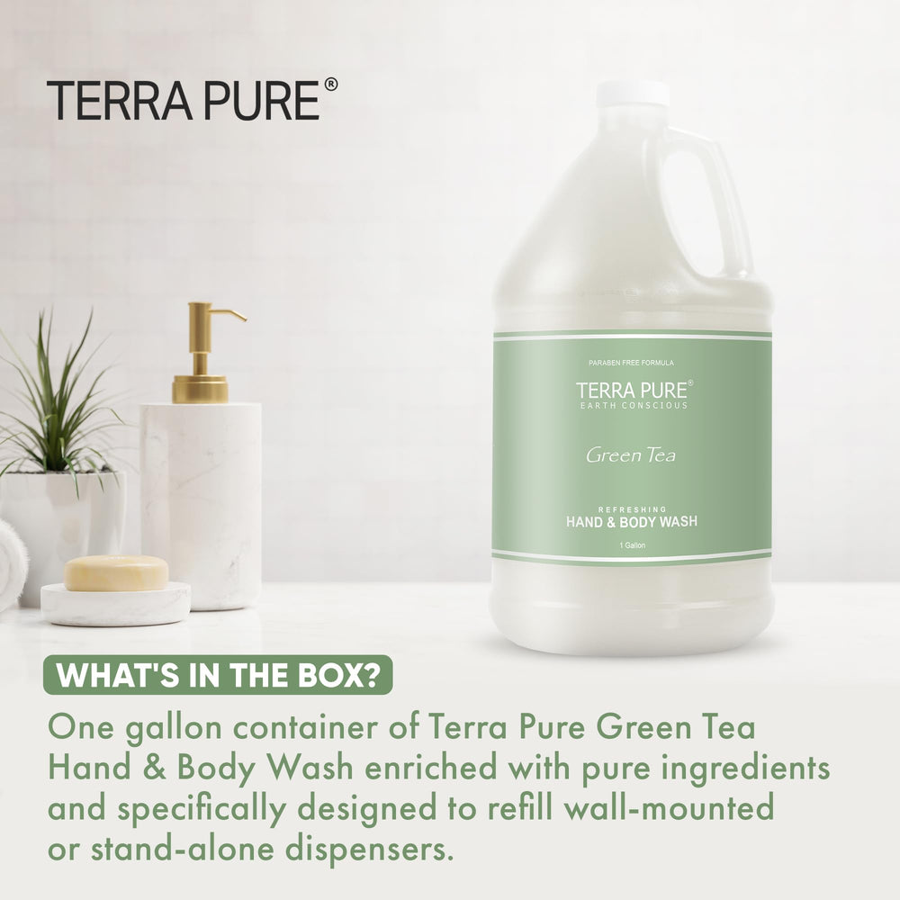 Terra Pure label close-up highlighting green tea scent and guest appeal