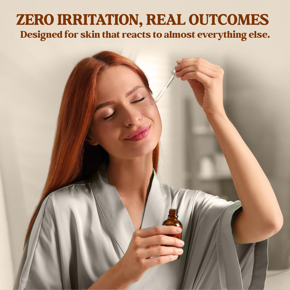 TERRAFIQUE serum application on face illustrating dewy finish benefit