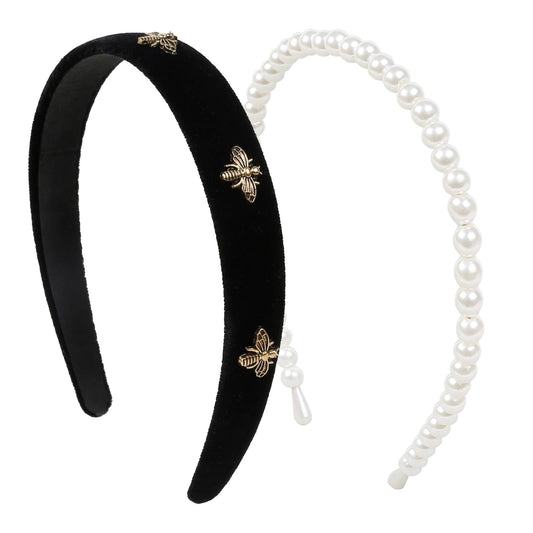 TERSE white pearl headband close-up showing faux-pearl accents for classic shine