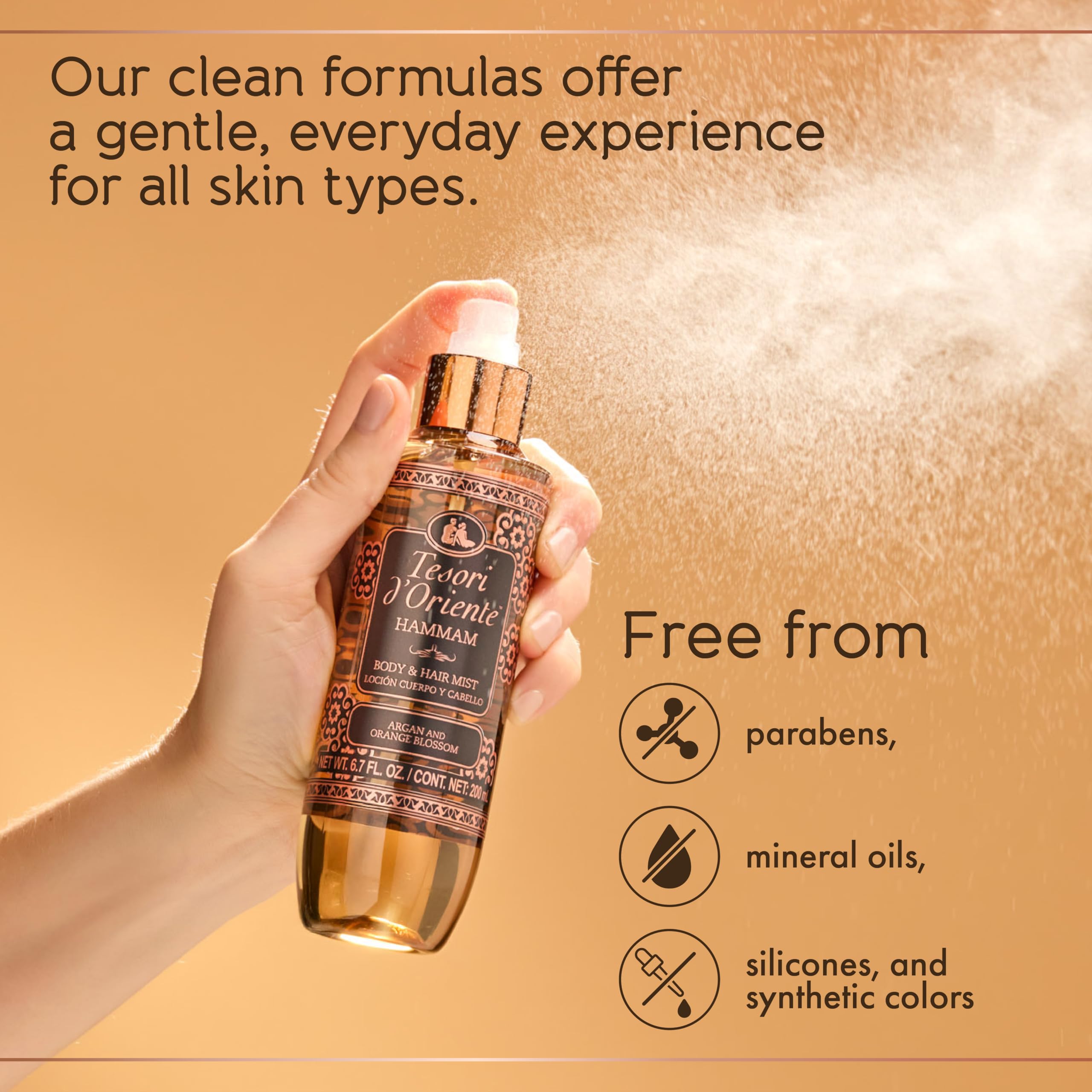 Tesori d'Oriente mist on forearm demonstrating lightweight feel and quick dry