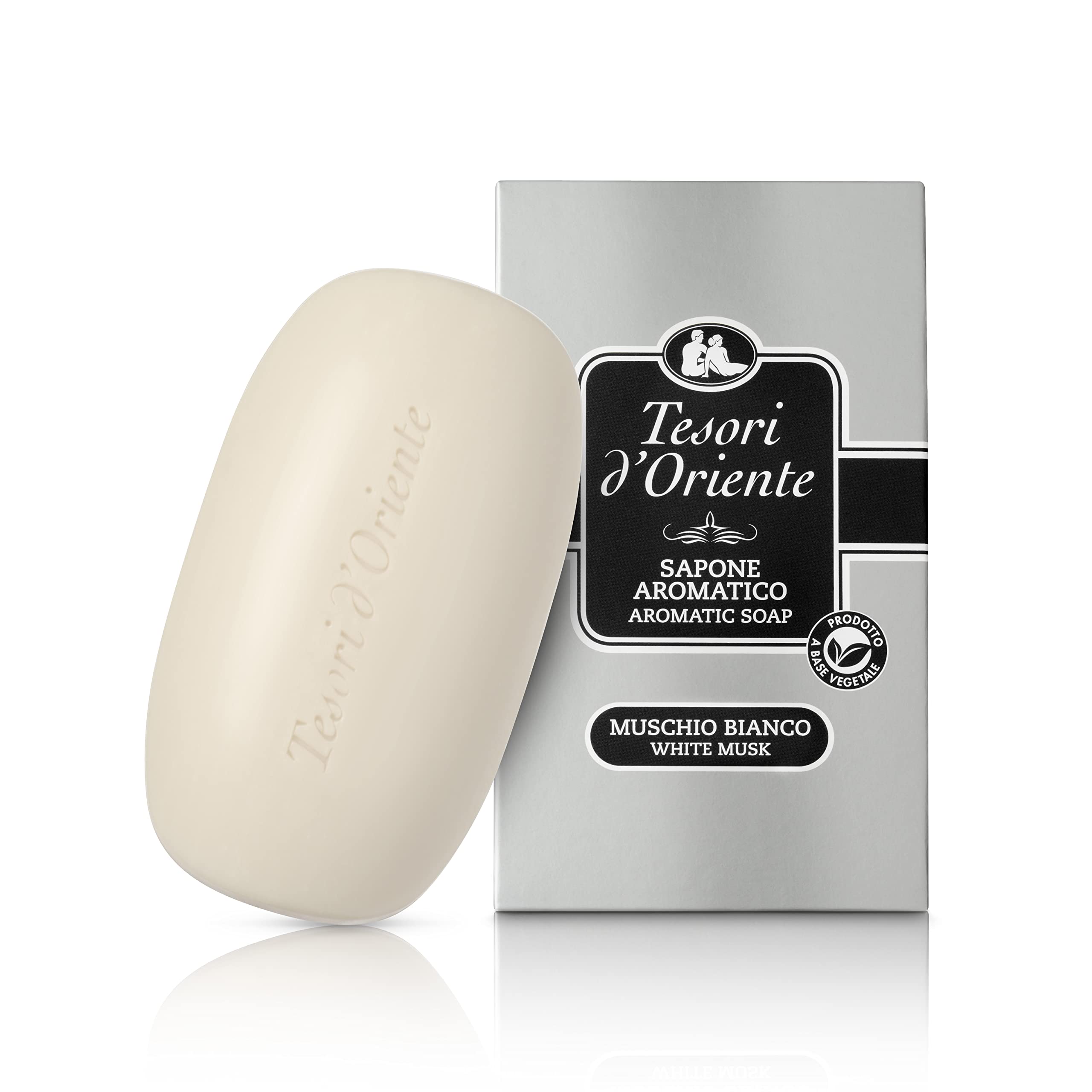 Tesori d'Oriente white musk soap front packaging showing bar and weight