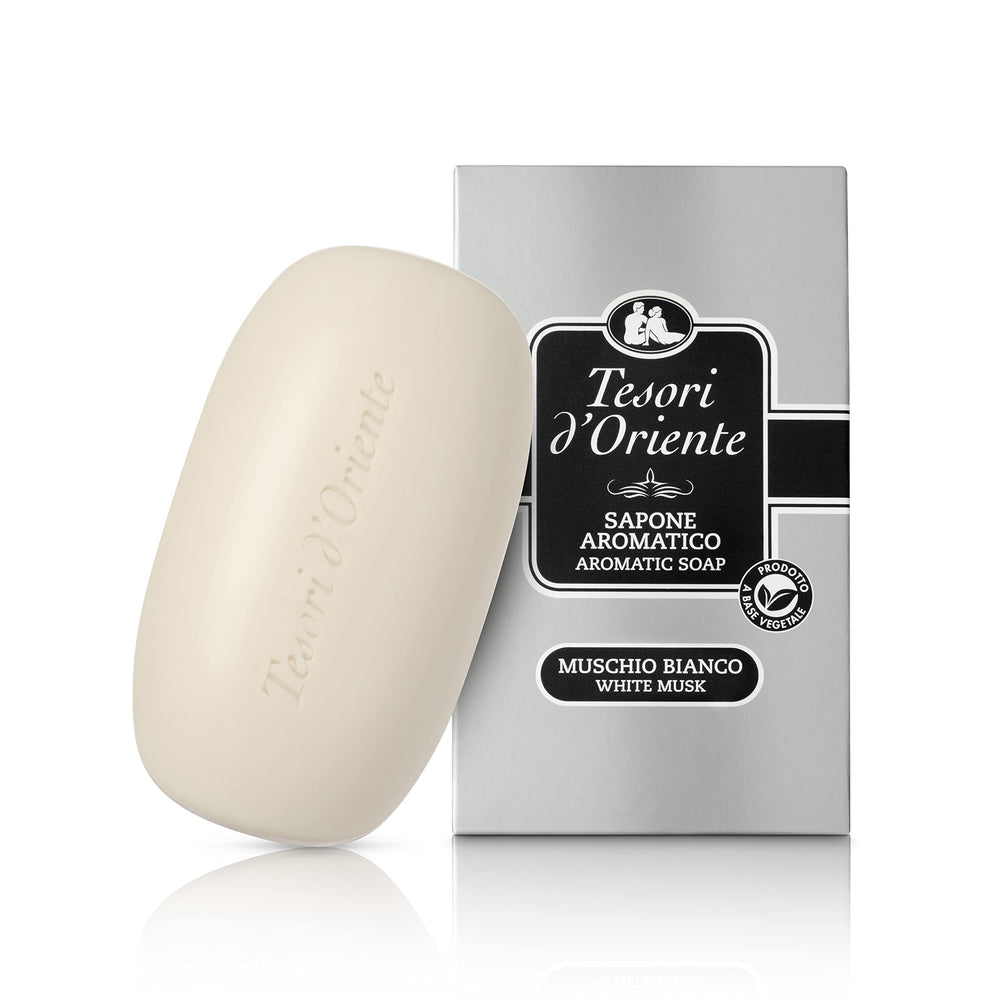 Tesori d'Oriente white musk soap front packaging showing bar and weight