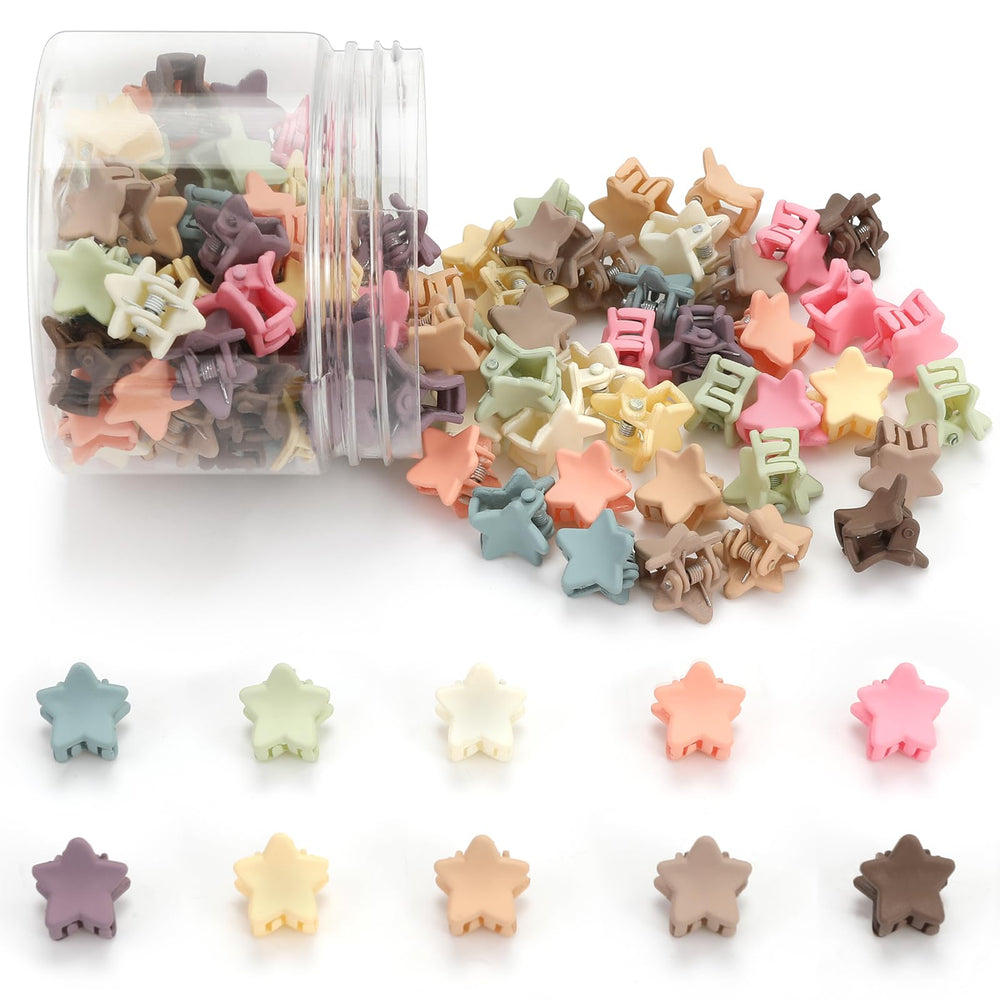 Tetizo front packaging showing 100 colorful mini star hair clips, organized and ready