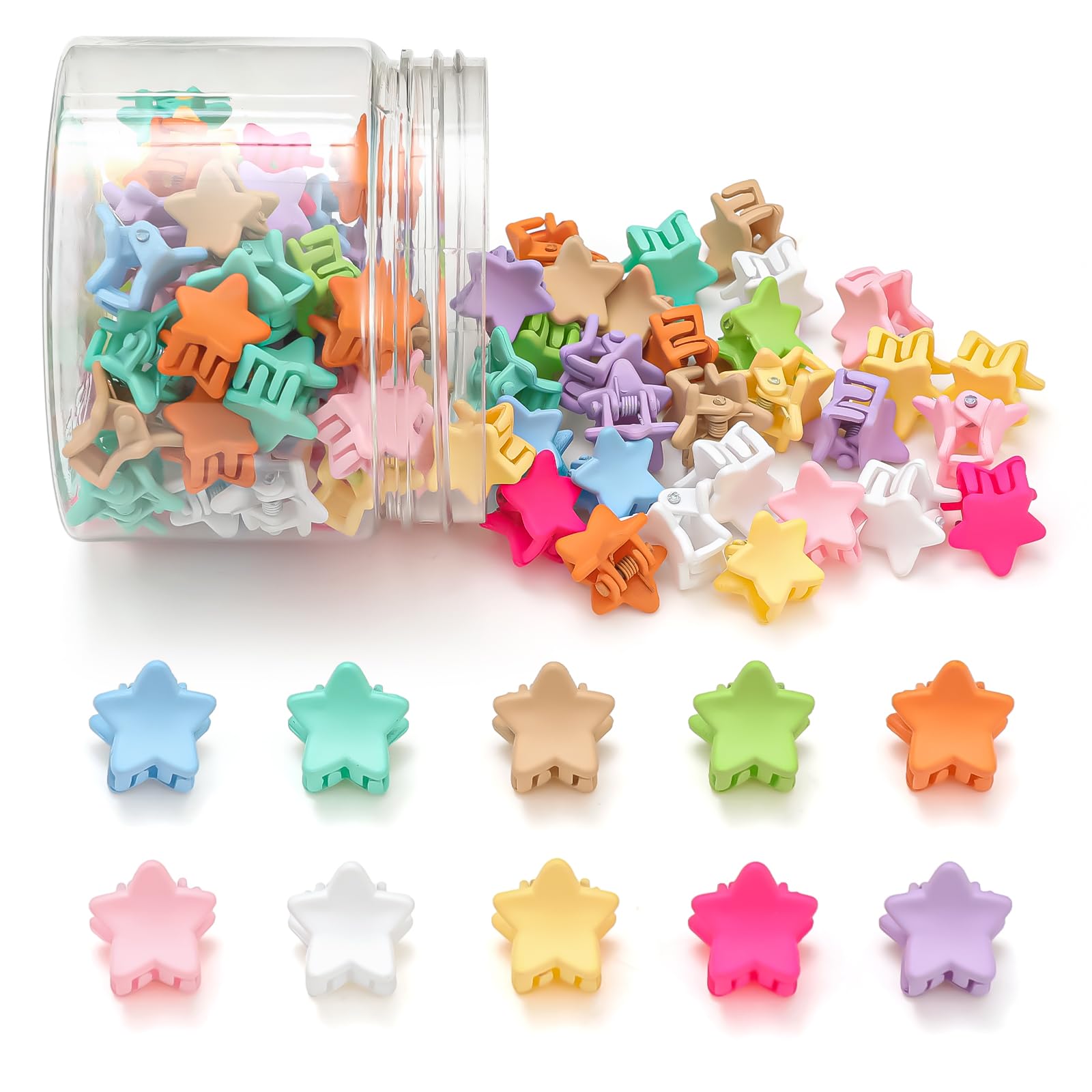 Tetizo front packaging showing 100 colorful mini star hair clips and convenience