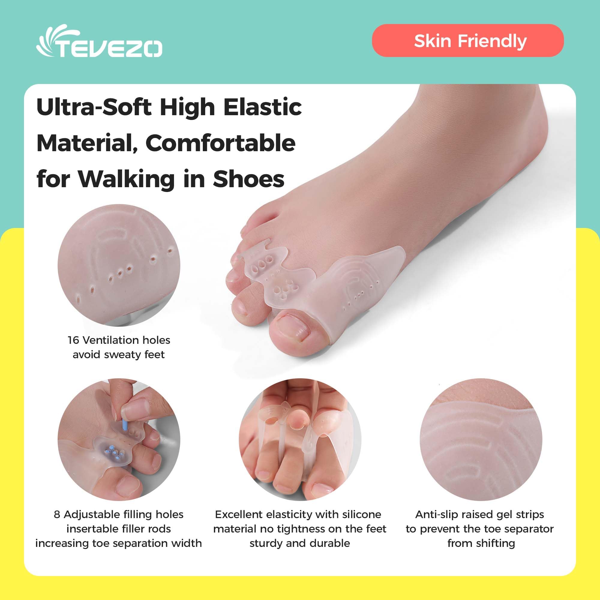 Tevezo side profile on a seated child's foot, reduces bunion pressure and rubbing