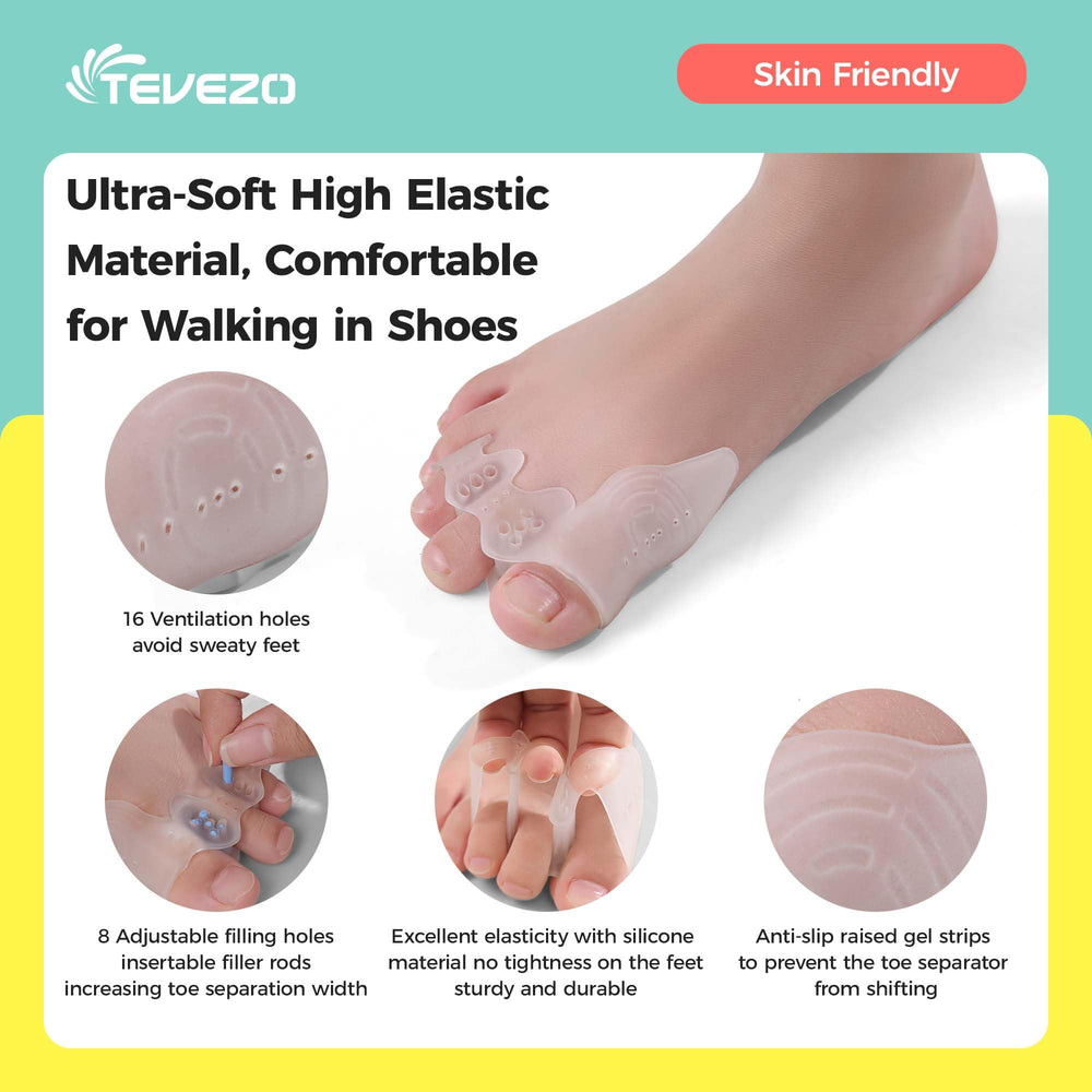 Tevezo side profile on a seated child's foot, reduces bunion pressure and rubbing