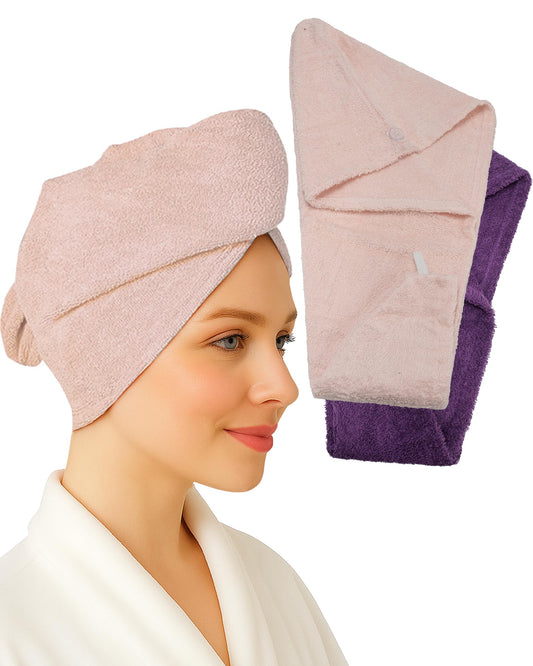 Textila front packaging showing plum and pink turbans, offering easy hair drying