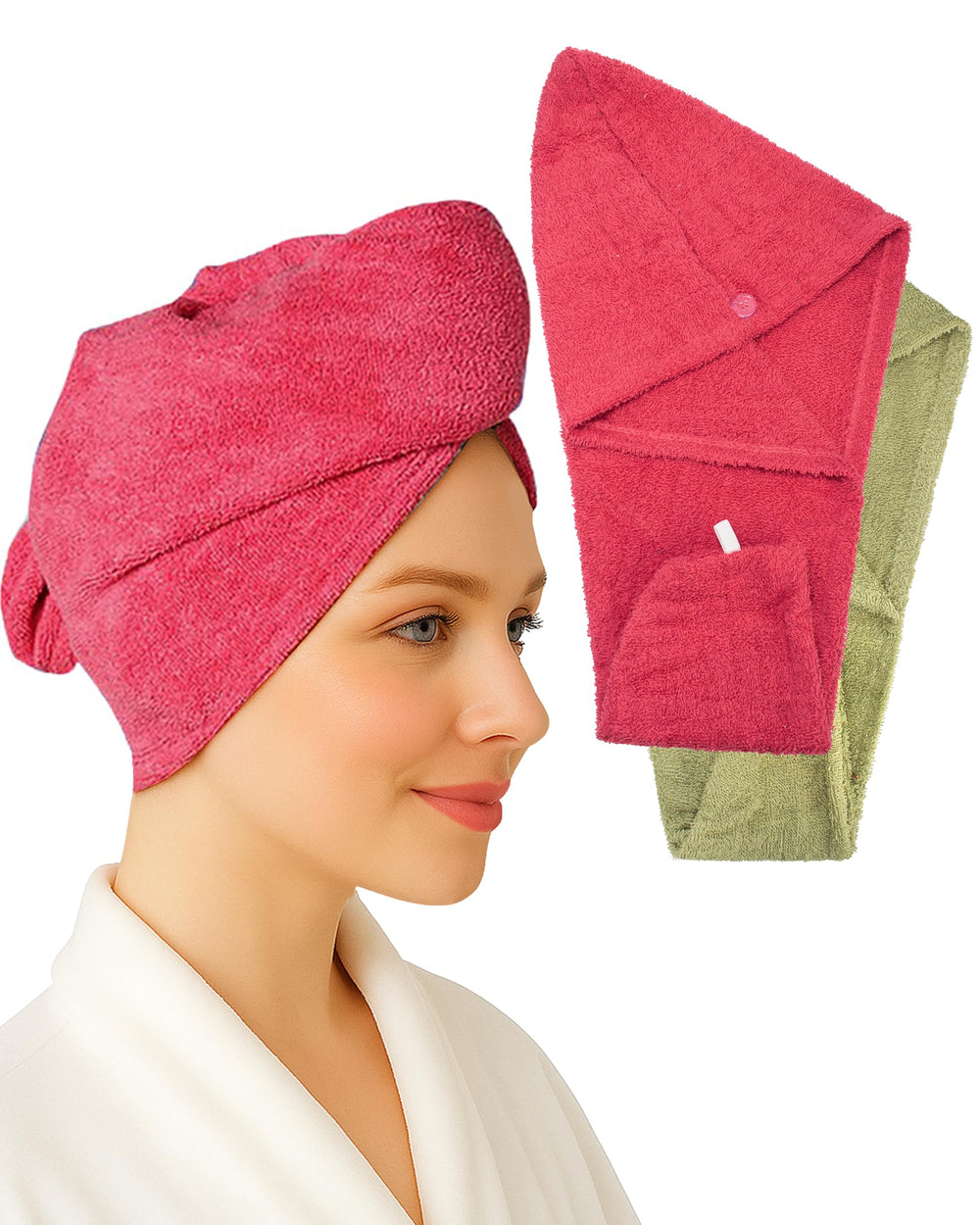 Textila front view of raspberry and green twin turban towels showing soft cotton and colors