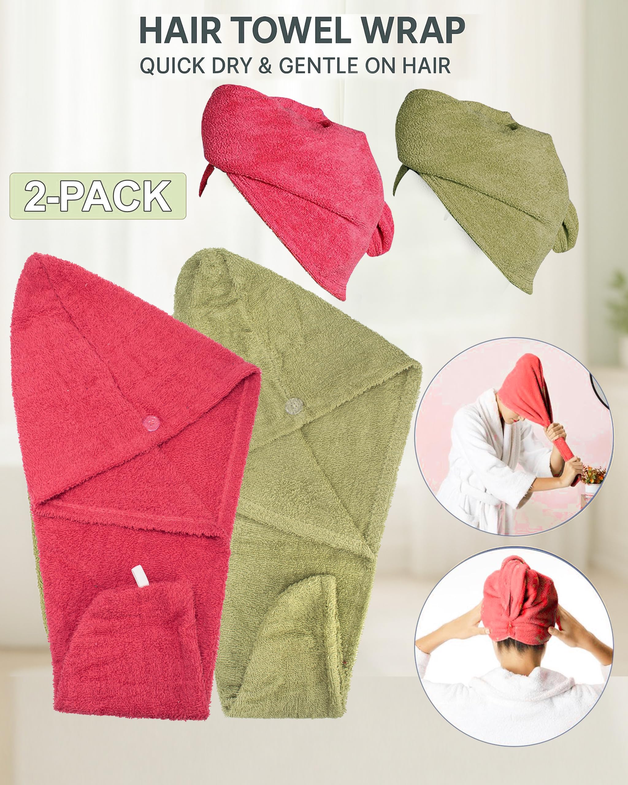 Woman wearing Textila turban towel in bathroom demonstrating secure hands-free drying