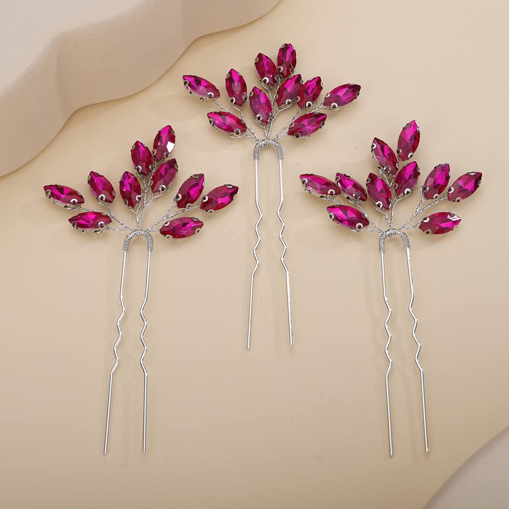 Teyglen front view of three rose red crystal hair pins showing design and shine