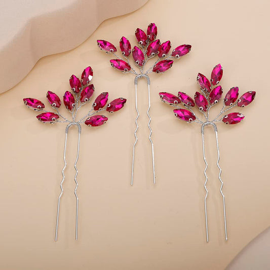 Teyglen front view of three rose red crystal hair pins showing design and shine