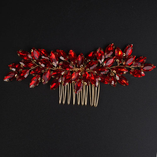 Teyglen front view red rhinestone comb showing elegant shine and secure hold