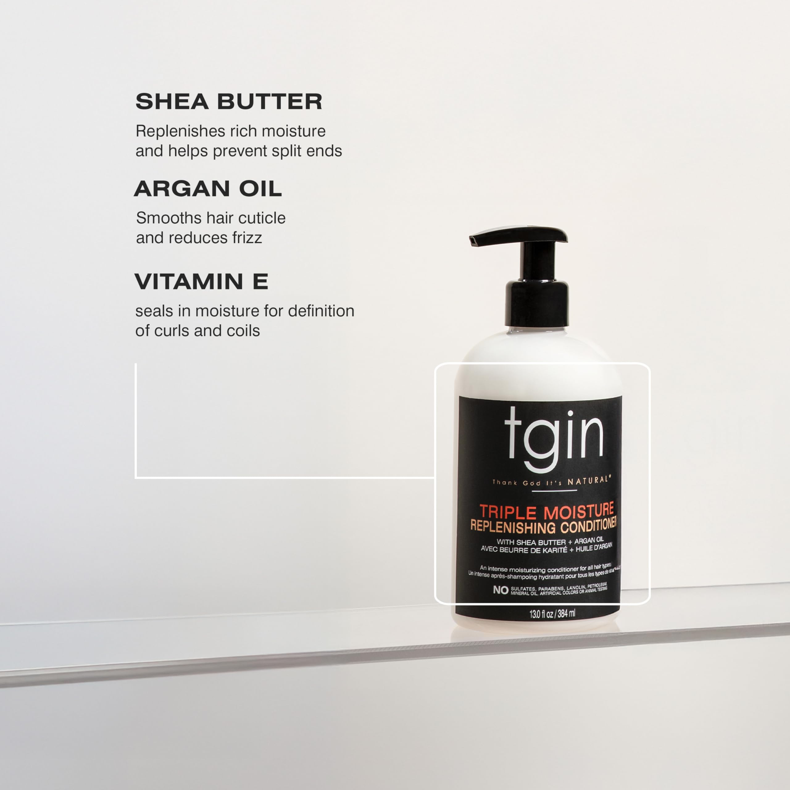 tgin conditioner on bathroom shelf in lifestyle scene suggesting daily routine benefit