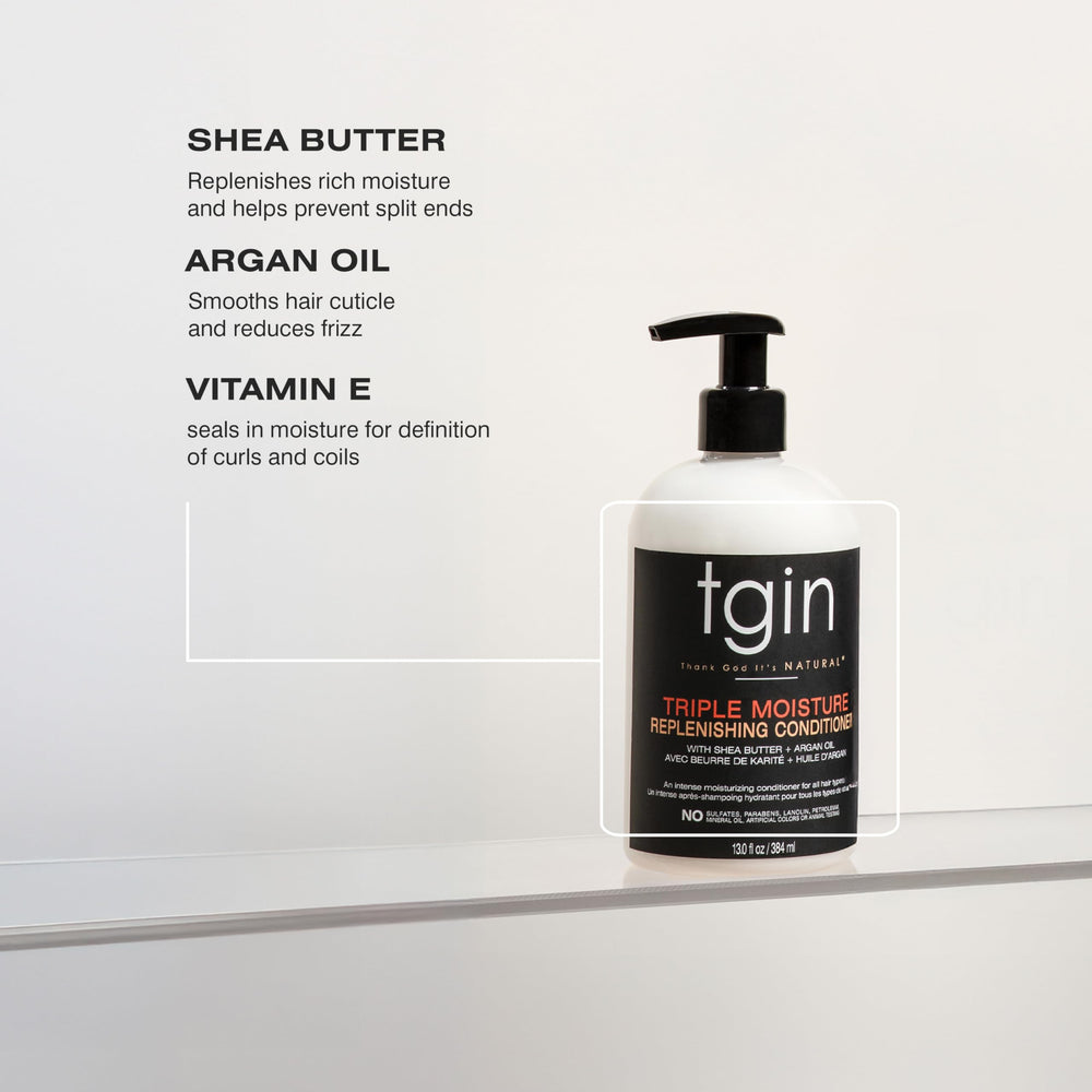 tgin conditioner on bathroom shelf in lifestyle scene suggesting daily routine benefit