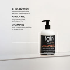 tgin conditioner on bathroom shelf in lifestyle scene suggesting daily routine benefit