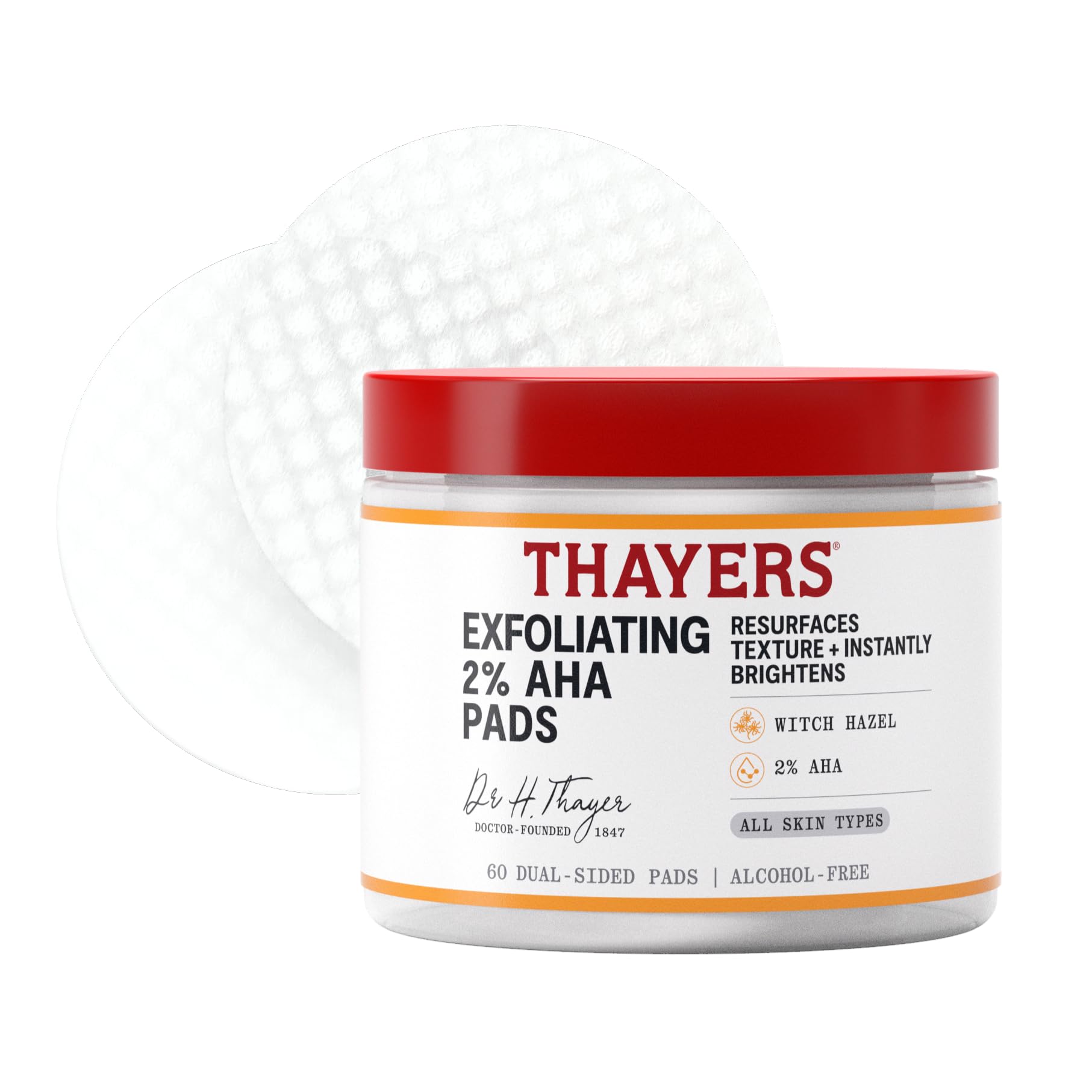 THAYERS front packaging showing 60-count exfoliating AHA pads, convenient daily use