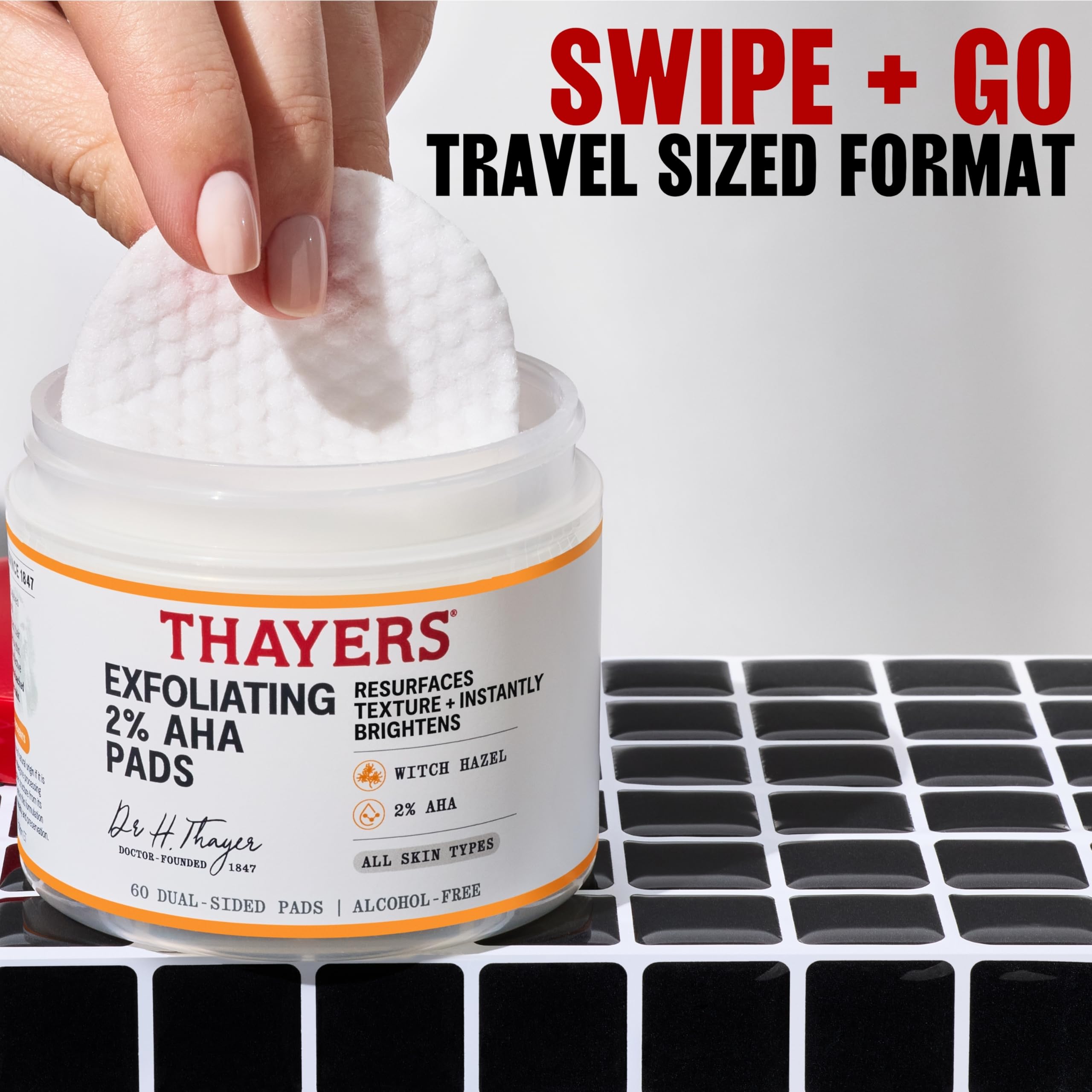 THAYERS pad in hand being applied to cheek demonstrating easy, mess-free use