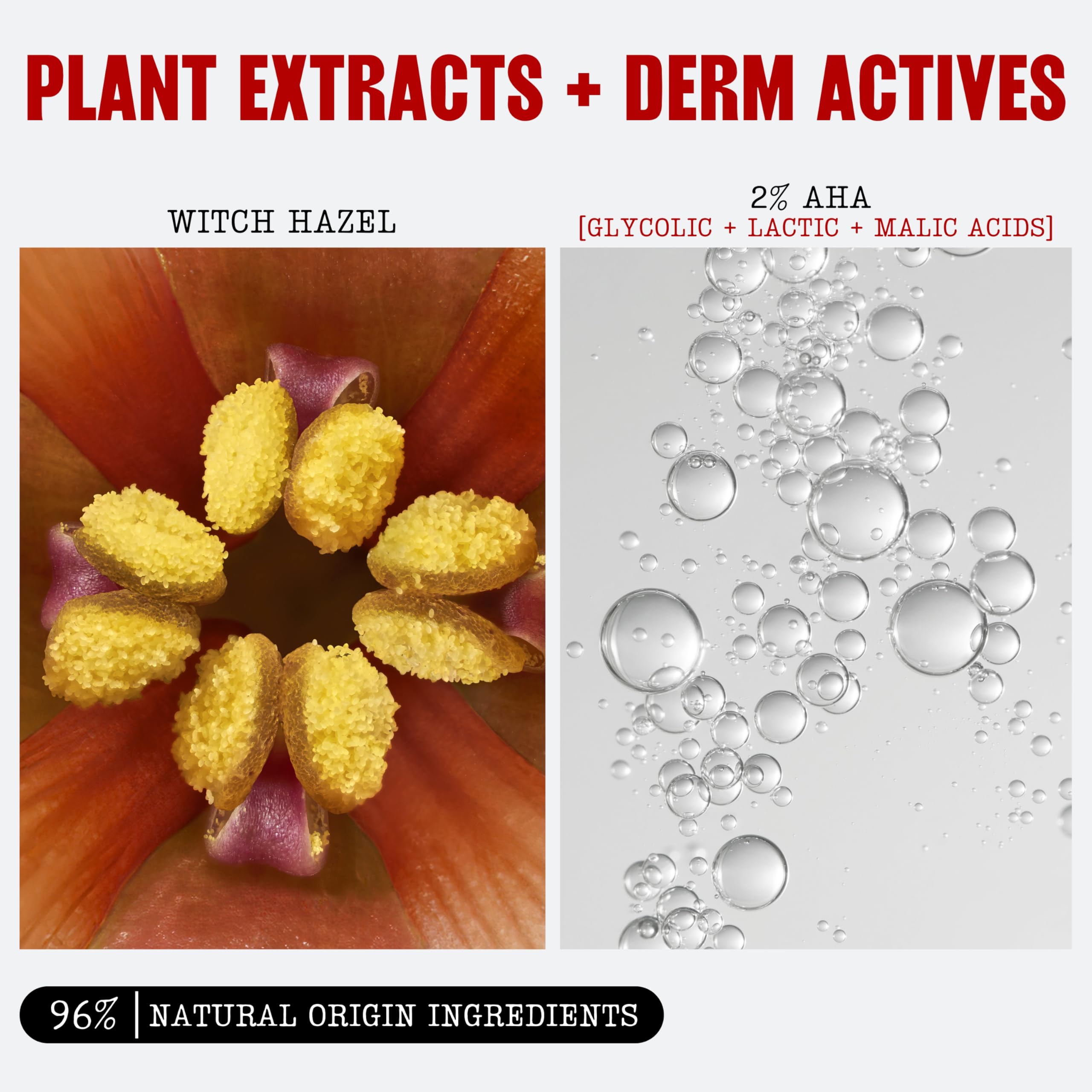 THAYERS ingredient label showing glycolic, lactic acids and witch hazel for brightening
