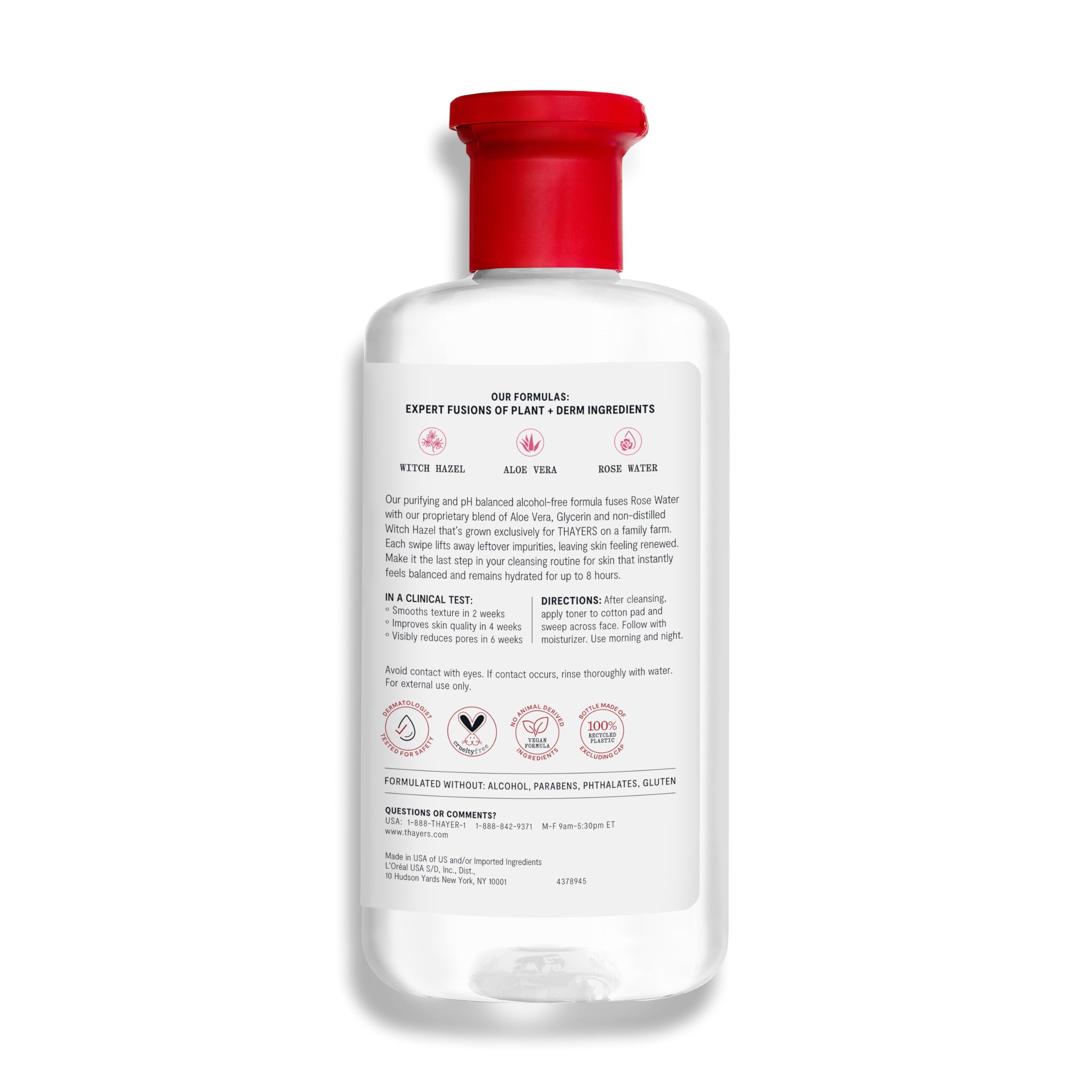 Close-up of Thayers label highlighting rose petal witch hazel benefits