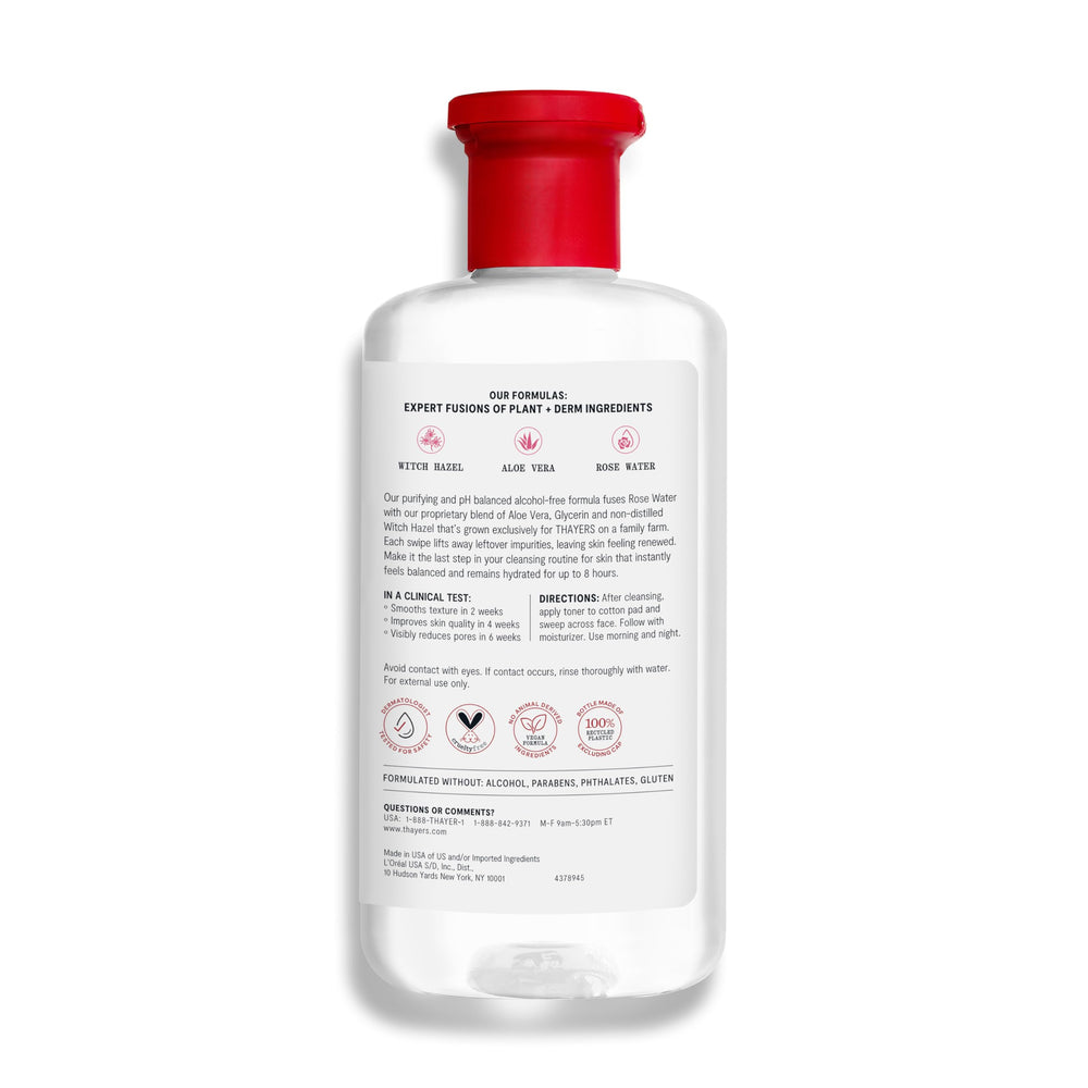 Close-up of Thayers label highlighting rose petal witch hazel benefits