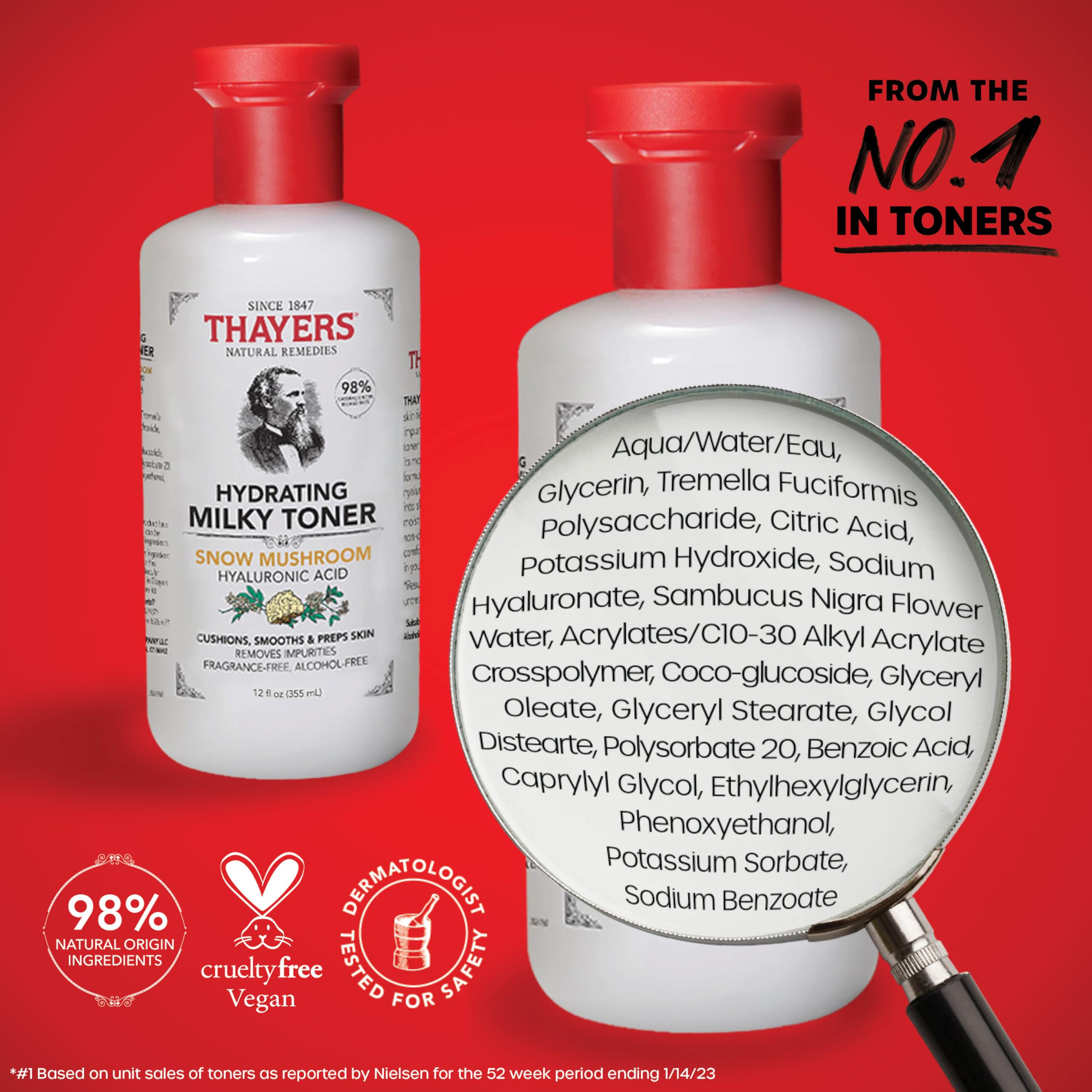 Hands holding both Thayers bottles to show scale and travel-friendly size