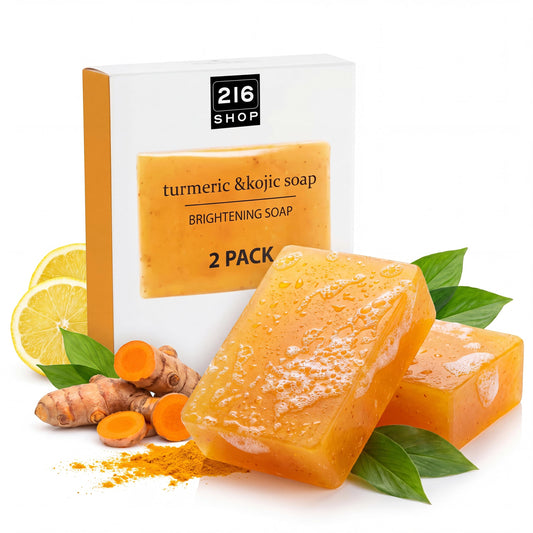The 216 Shop front packaging showing two soap bars and product branding benefit even tone