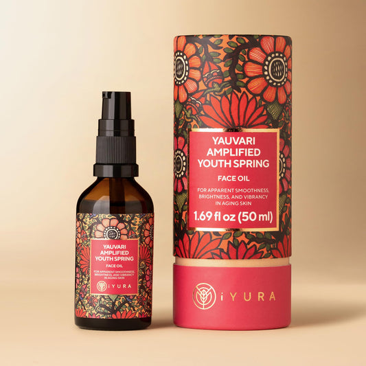 The Ayurveda Experience bottle front view showing elegant packaging and product benefit