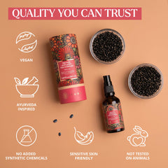 The Ayurveda Experience label close-up highlighting natural ingredient list and purity