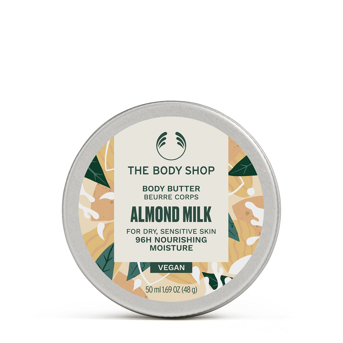 The Body Shop almond milk body butter front tub showing label and size benefit