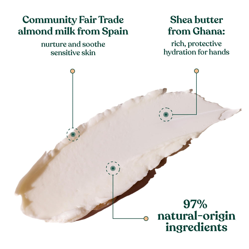 The Body Shop hand balm close-up label highlighting almond milk and honey ingredients benefit
