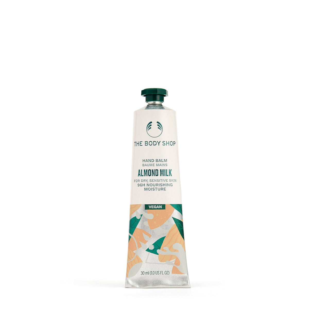 The Body Shop hand balm front packaging showing compact tube and branding benefit: portable hydration
