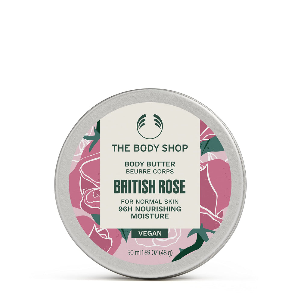 The Body Shop British Rose front tub showing label and size, highlights portability