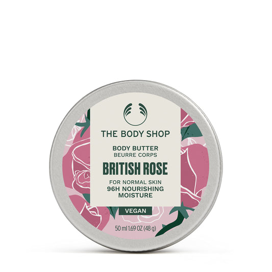 The Body Shop British Rose front tub showing label and size, highlights portability