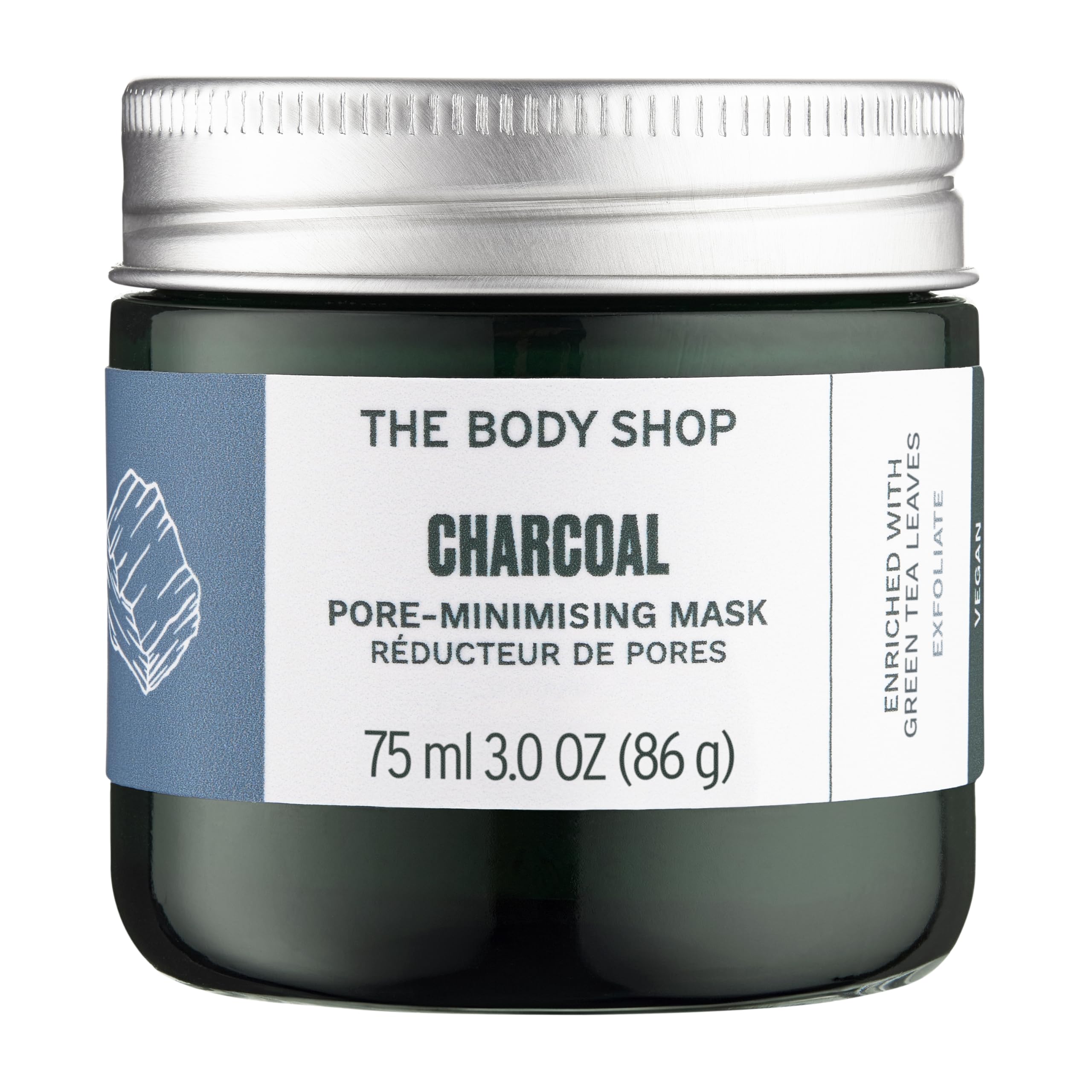The Body Shop charcoal mask jar front view showing packaging and size benefit