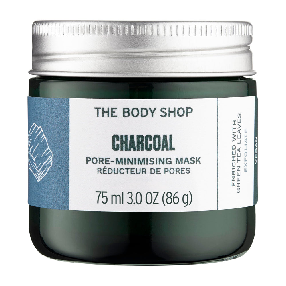 The Body Shop charcoal mask jar front view showing packaging and size benefit