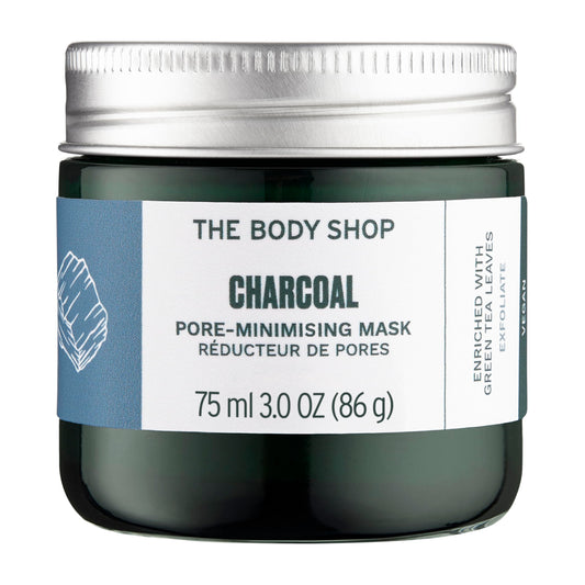 The Body Shop charcoal mask jar front view showing packaging and size benefit
