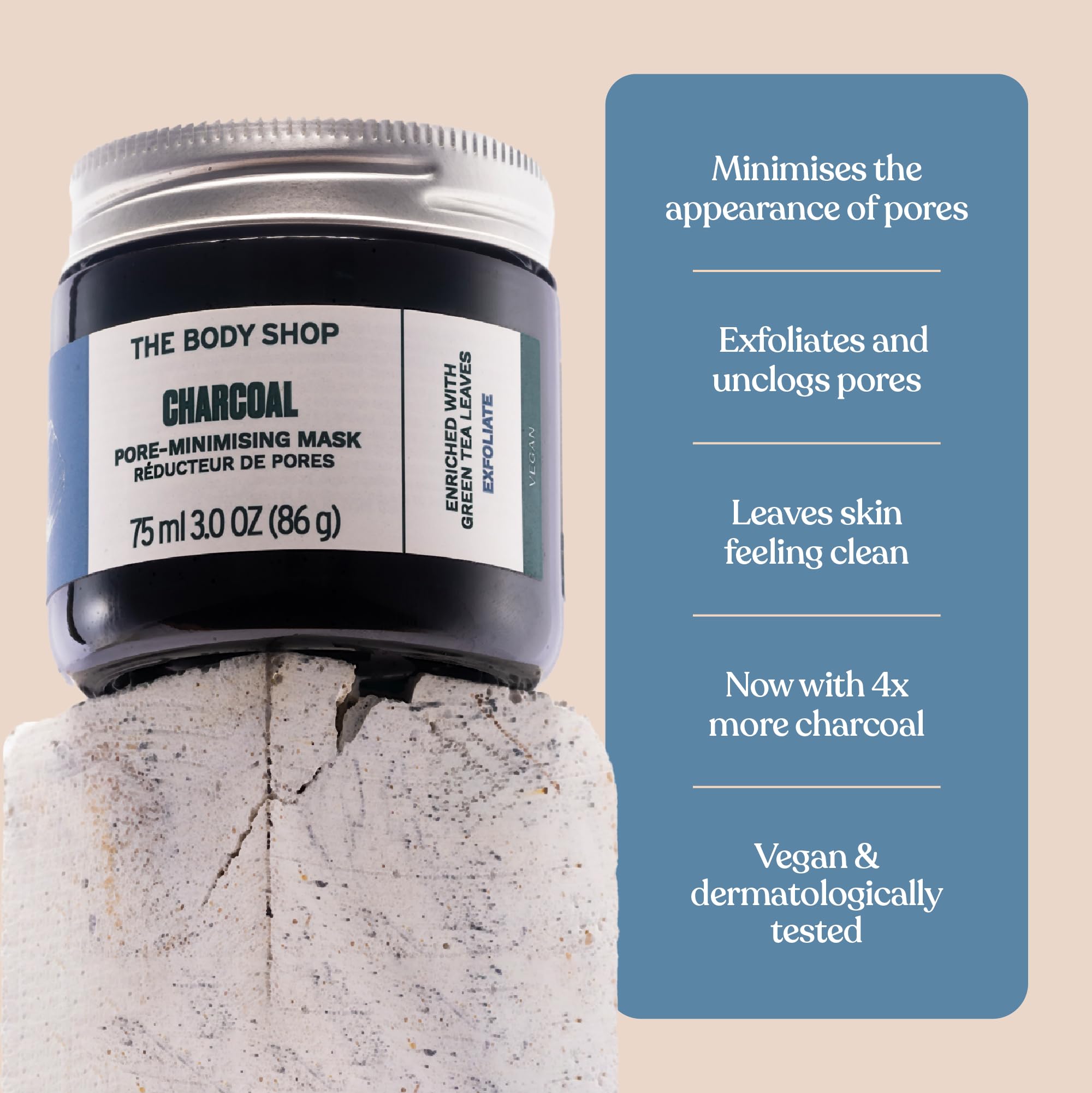 The Body Shop charcoal mask ingredients label showing vegan clean formulation benefit