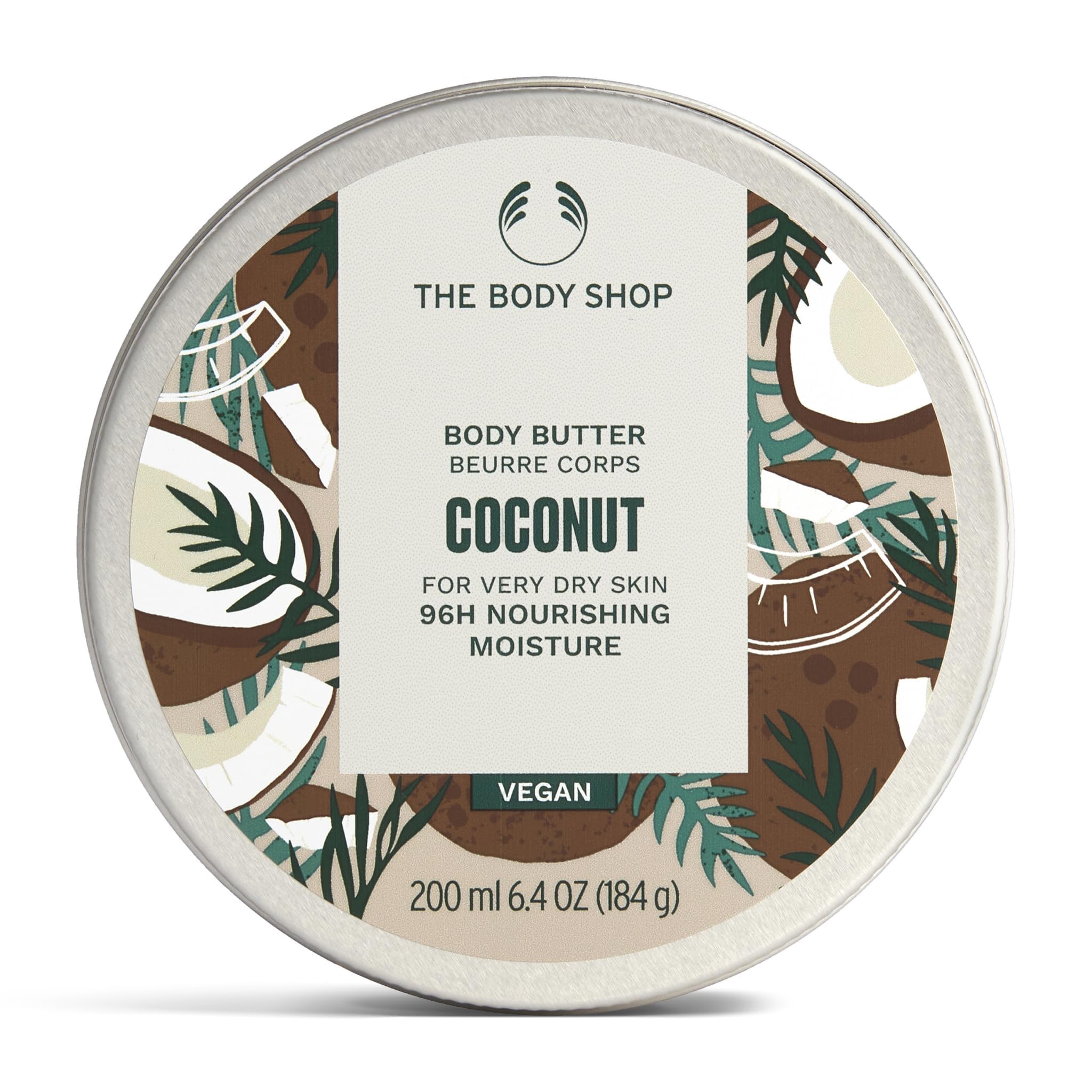 The Body Shop coconut body butter front packaging shows product and benefits