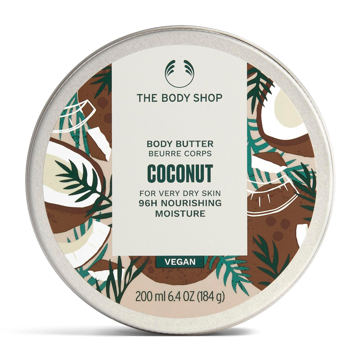 The Body Shop coconut body butter front packaging shows product and benefits