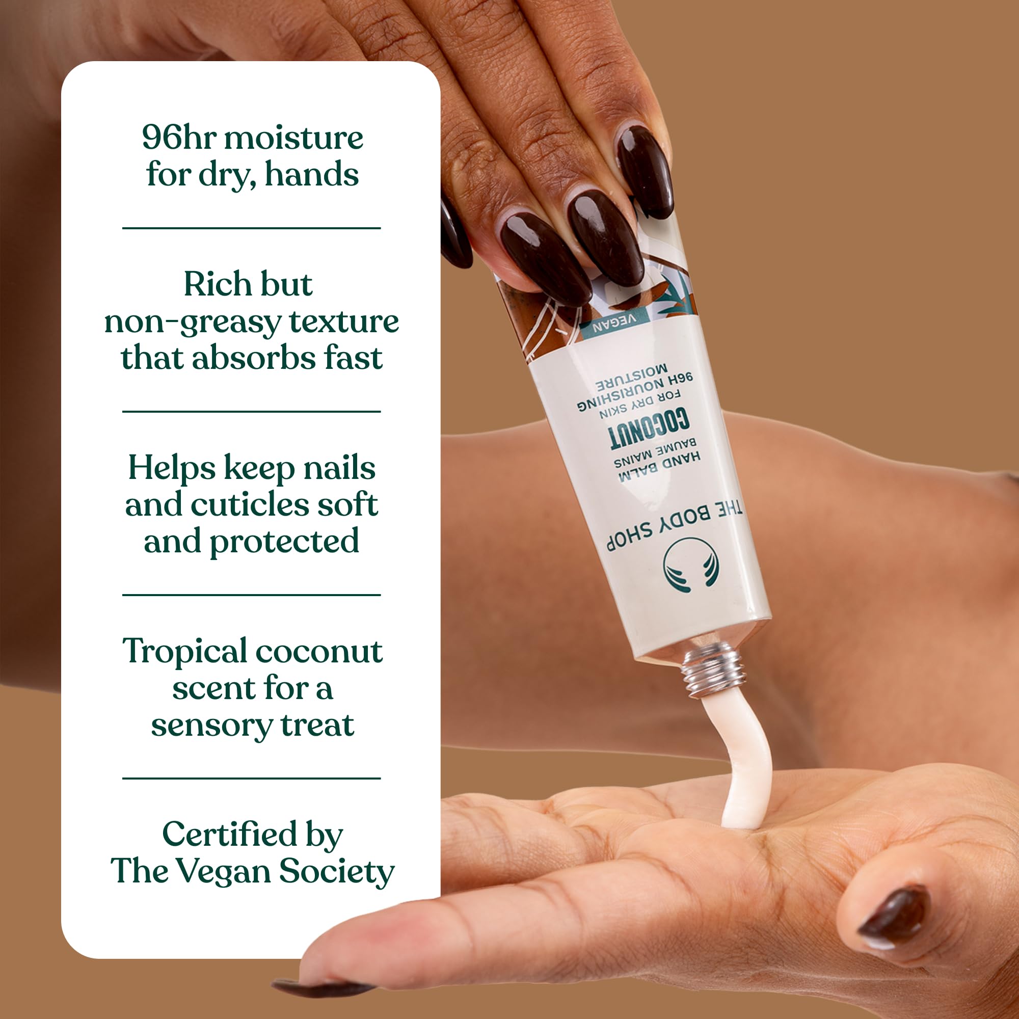 The Body Shop coconut hand balm being applied to hands, softens and smooths skin