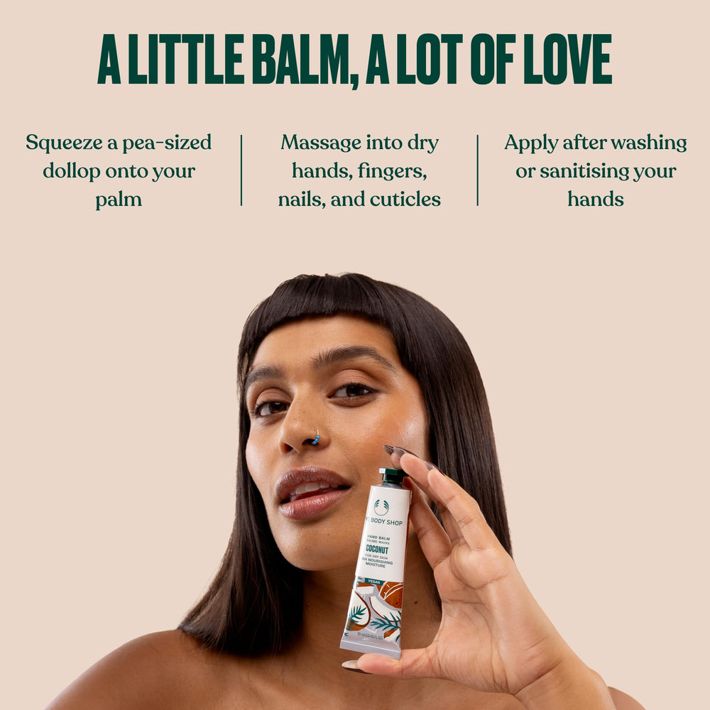 The Body Shop coconut hand balm with coconuts illustrating Community Trade sourcing and ethics