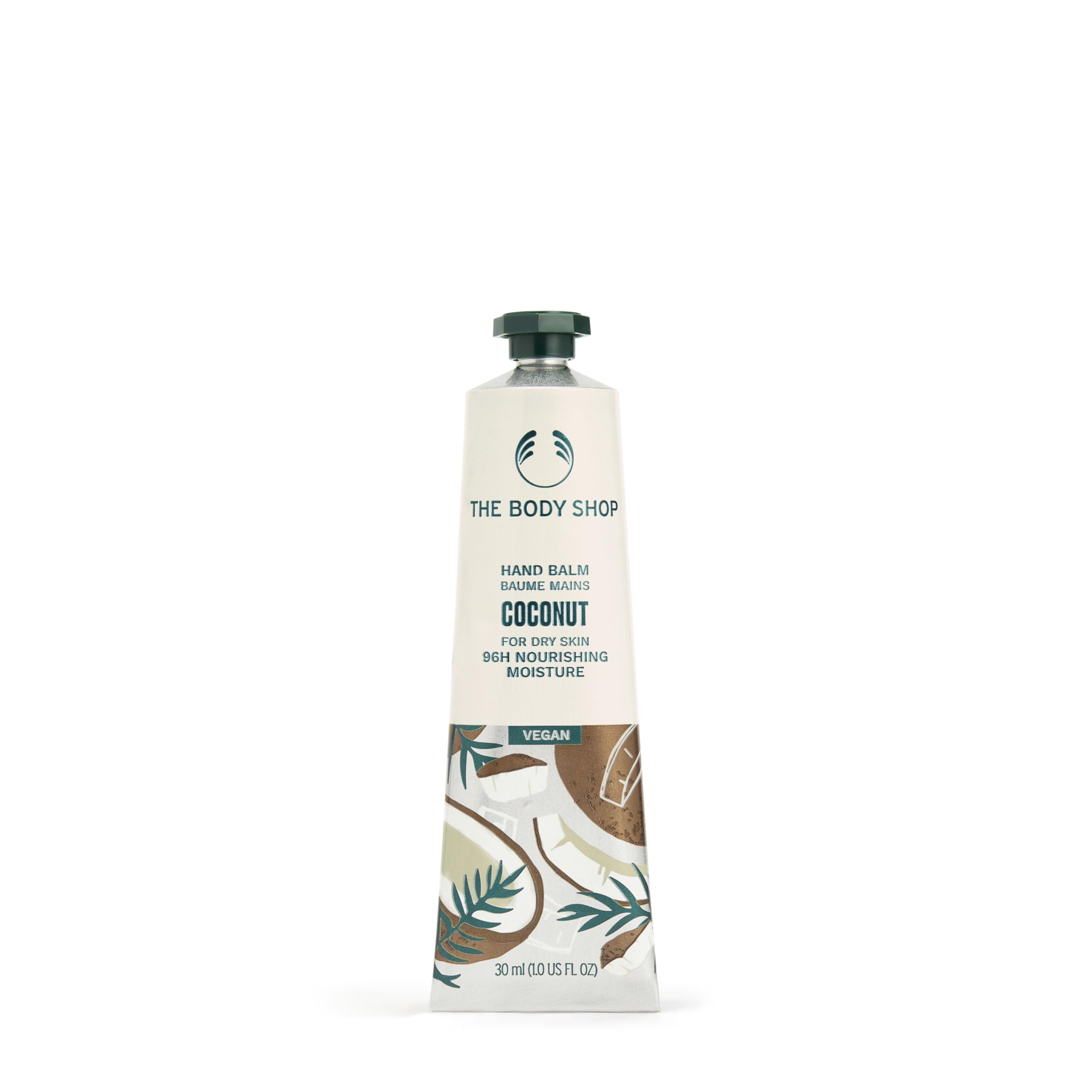 The Body Shop coconut hand balm front packaging showing tube and branding, convenient hydration