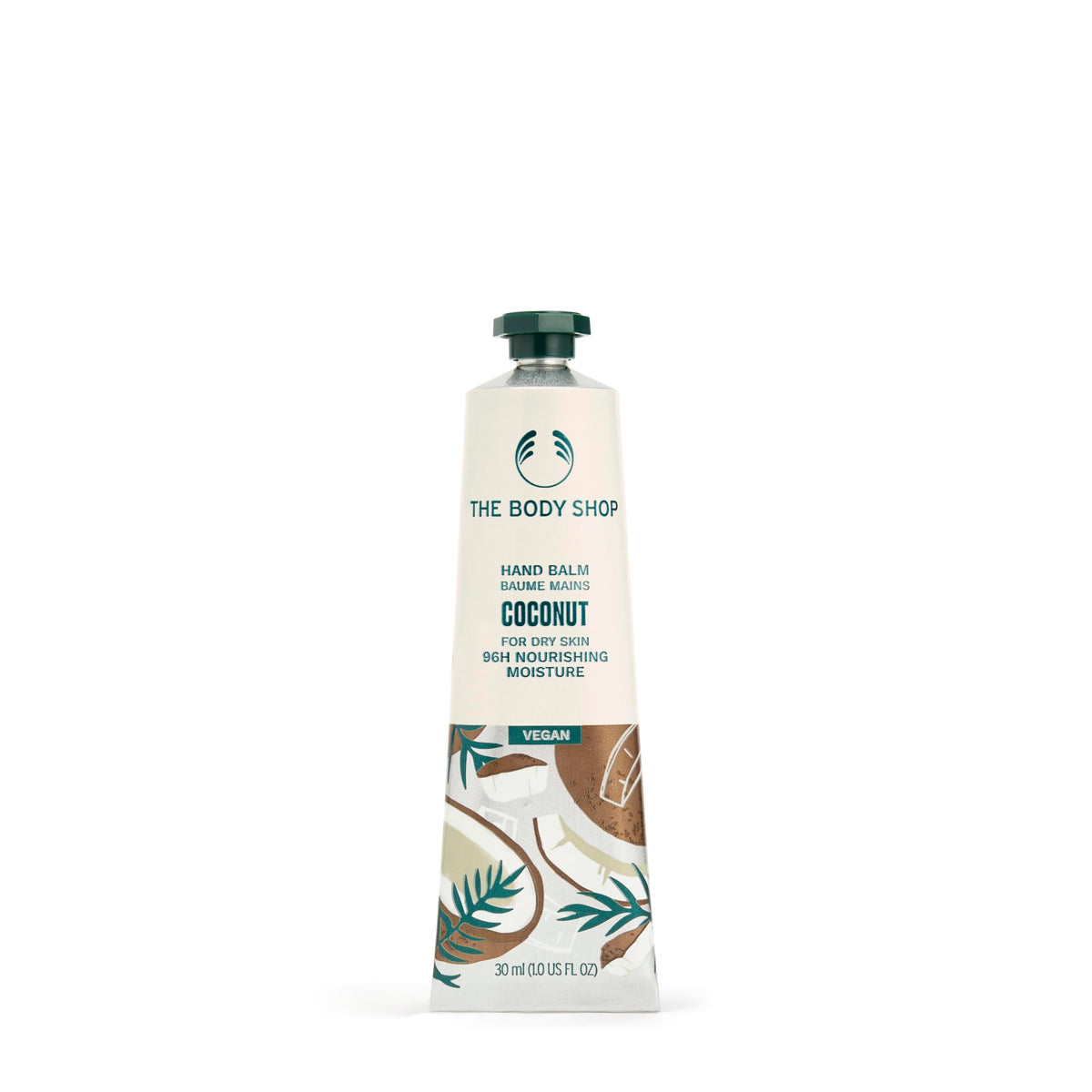 The Body Shop coconut hand balm front packaging showing tube and branding, convenient hydration
